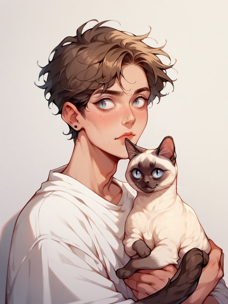score_9, score_8_up, score_7_up, score_6_up, score_5_up,   <lora:c4tsXLP:0.9> c4ts, siamese cat,  <lora:p3tl0v3XLP:1> p3tl0v3, 1boy, cat,
