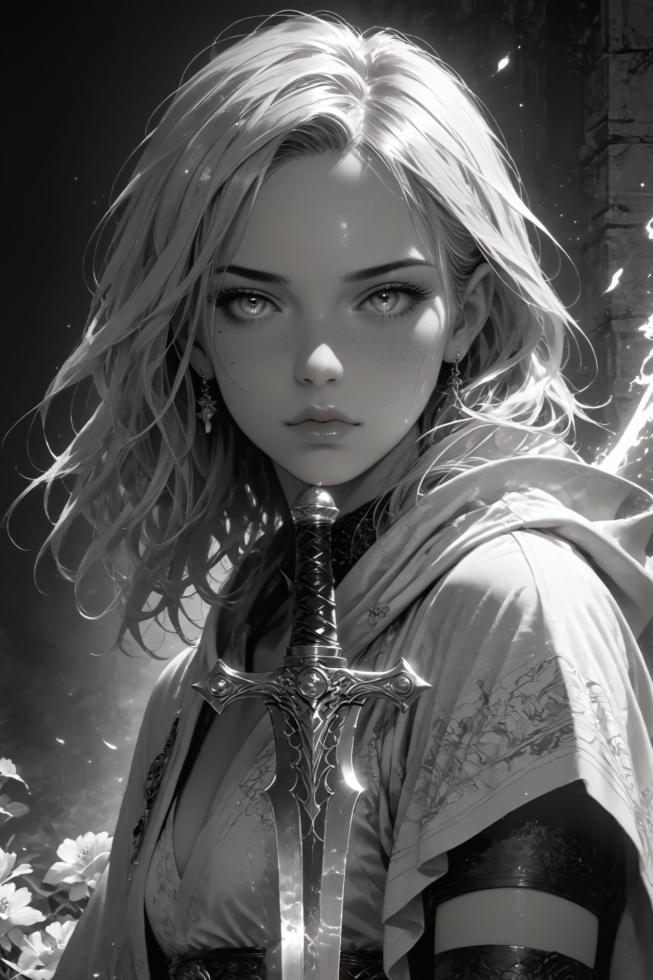 realistic,detailed background,Cinematic Lighting,film grain,score_9,score_8_up,score_7_up,masterpiece,best quality,highly detailed,
<lora:(增强)sdxl_lightning_8step_lora:1>,<lora:glowneon_xl_v1:1>,(glowing),<lora:hand 4:1>,hand person,<lora:Expressive_H:0.8>,Expressiveh,<lora:MythM4ngaStyle:0.8>,<lora:th3rm4lXLP:0.4>,th3rm4l,colorful,
1girl,flower,greyscale,looking at viewer,male focus,monochrome,solo,sword,thighhighs,weapon,