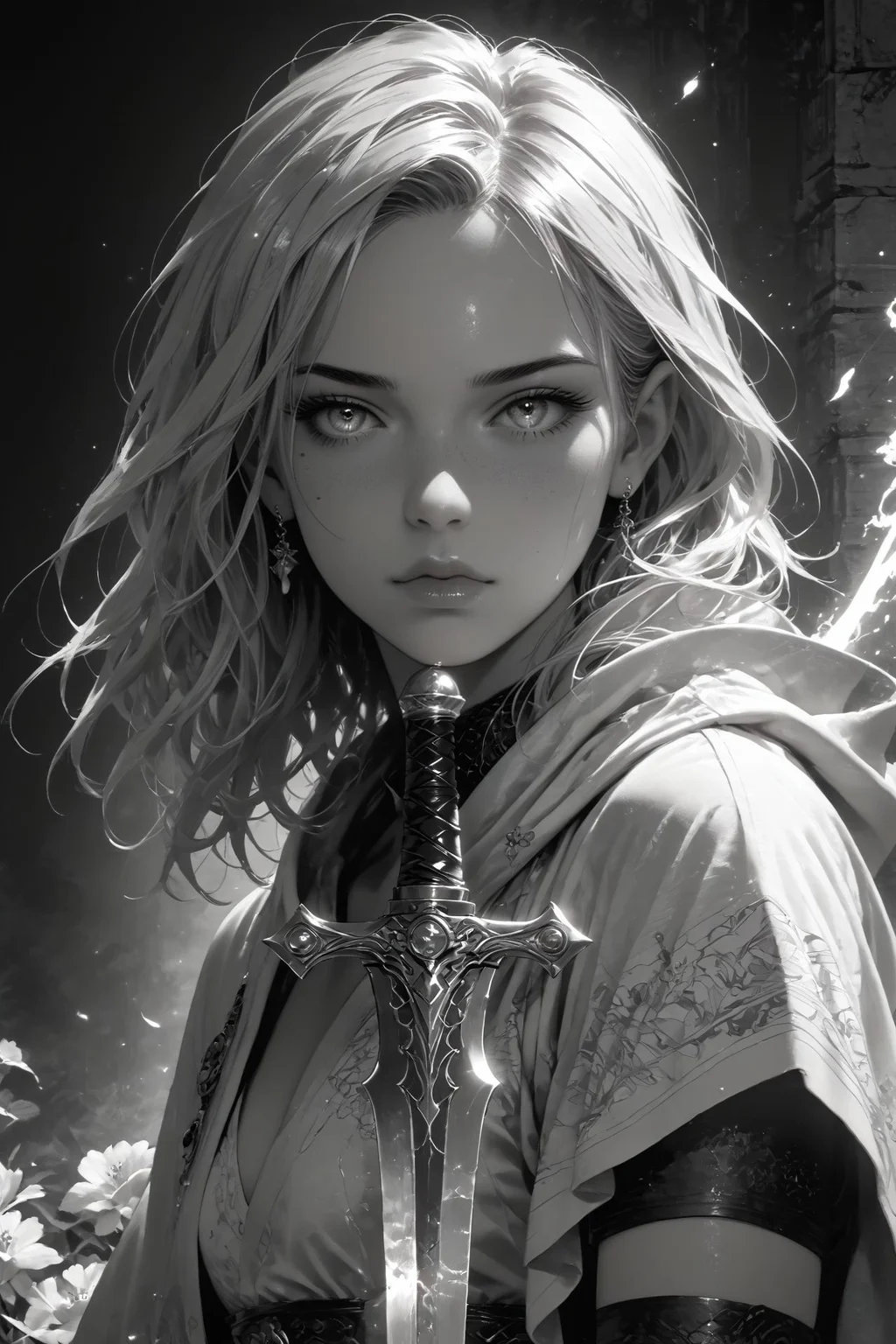 realistic,detailed background,Cinematic Lighting,film grain,score_9,score_8_up,score_7_up,masterpiece,best quality,highly detailed,
<lora:(增强)sdxl_lightning_8step_lora:1>,<lora:glowneon_xl_v1:1>,(glowing),<lora:hand 4:1>,hand person,<lora:Expressive_H:0.8>,Expressiveh,<lora:MythM4ngaStyle:0.8>,<lora:th3rm4lXLP:0.4>,th3rm4l,colorful,
1girl,flower,greyscale,looking at viewer,male focus,monochrome,solo,sword,thighhighs,weapon,