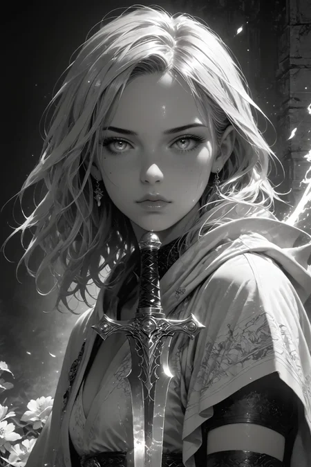 realistic,detailed background,Cinematic Lighting,film grain,score_9,score_8_up,score_7_up,masterpiece,best quality,highly detailed,
<lora:(增强)sdxl_lightning_8step_lora:1>,<lora:glowneon_xl_v1:1>,(glowing),<lora:hand 4:1>,hand person,<lora:Expressive_H:0.8>,Expressiveh,<lora:MythM4ngaStyle:0.8>,<lora:th3rm4lXLP:0.4>,th3rm4l,colorful,
1girl,flower,greyscale,looking at viewer,male focus,monochrome,solo,sword,thighhighs,weapon,