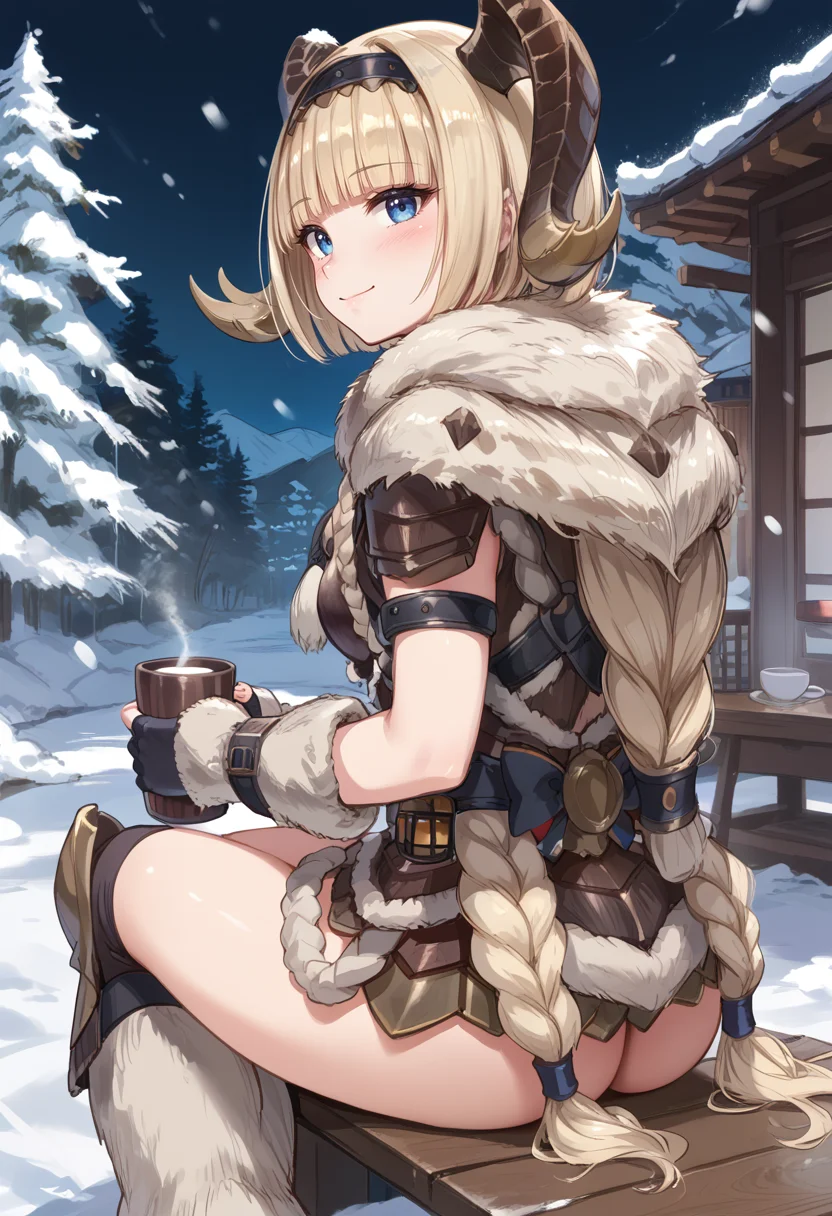 (score_9:0.9),score_8_up,score_7_up,rating_safe,anime style,(zPDXL),<lora:Banbaro beta armor ponyXL v1.2:0.85>,banbaro beta armor,1girl,solo,blue eyes,horn hairband,short hair,looking at viewer,blonde hair,white knee boots,white fingerless gloves,:d,blunt bangs,snowing,blush,sitting,looking back,from behind,holding cup,hot drink,closed mouth,light smile,