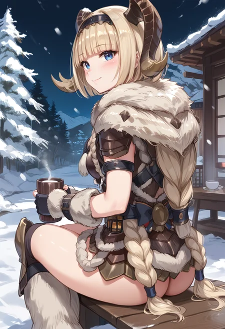 (score_9:0.9),score_8_up,score_7_up,rating_safe,anime style,(zPDXL),<lora:Banbaro beta armor ponyXL v1.2:0.85>,banbaro beta armor,1girl,solo,blue eyes,horn hairband,short hair,looking at viewer,blonde hair,white knee boots,white fingerless gloves,:d,blunt bangs,snowing,blush,sitting,looking back,from behind,holding cup,hot drink,closed mouth,light smile,