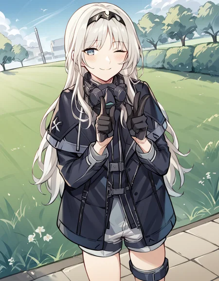 score_9, score_8_up, score_7_up, source_anime, <lora:girlsfrontline-an-94-ponyxl-lora-nochekaiser:1>, an-94, an-94 (girl's frontline), long hair, blue eyes, white hair,, black gloves, black jacket, hairband, jacket, long sleeves, mask, mask around neck, open clothes, open jacket, respirator, short shorts, thigh strap, tiara, white shorts,, park, grass, benches, path, recreation, smile, <lora:double-finger-gun-ponyxl-lora-nochekaiser:1>, double finger gun,, blush, smile, one eye closed, from side, looking at viewer, solo,, dutch angle, cowboy shot