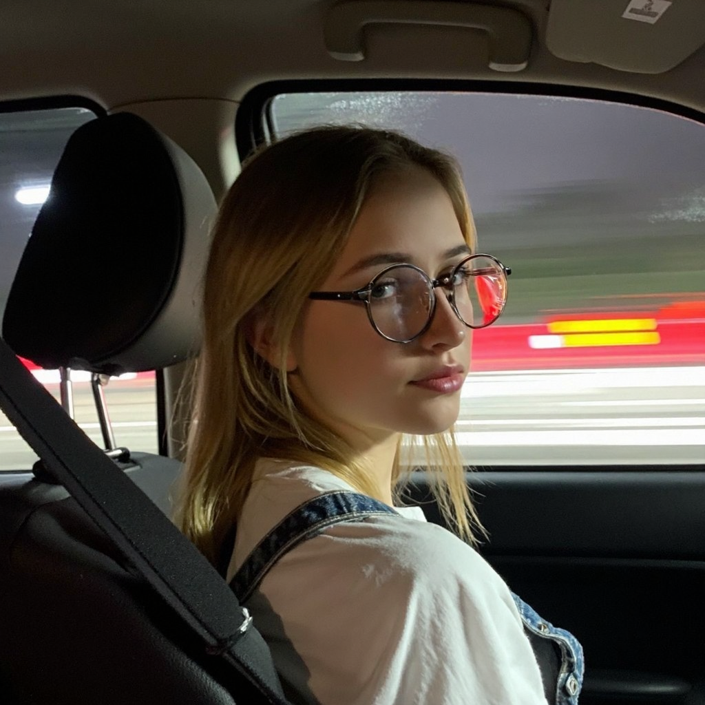 Young woman sitting in the passenger seat of a car, mid-20s, fair complexion, wearing oversized clear round glasses, long blonde hair, slightly wavy, parted in the middle, light natural makeup, soft pink lipstick, casual style, wearing a white T-shirt with denim overalls, side profile, looking towards the camera, indoor car setting, seatbelt visible. Background shows motion blur of a highway, streaks of red and white light, suggesting car in motion, artificial lighting, slightly grainy texture, amateurish quality