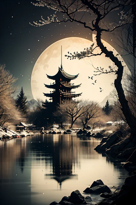 <lora:Calligraphy-ink-style-darquelilly-v1:1> calligraphyinkstyle, nightsky, moonlight, winter, volumetric lighting, starsky reflected in the water, black background, peaceful atmosphere, detail colour is blue, a winter cherry blossom tree without petals, snow on the tree, snow on the ground,snowflakes falling down