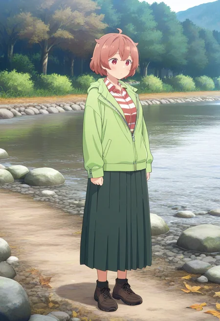 newest, masterpiece, best quality, 4k,
outdoors, river, very aesthetic, detailed background, full body,
1girl, solo, <lora:mitsuki ooshiro:1> mitsuki, brown hair, short hair, ahoge,red eyes, green jacket, unzipped, collared shirt, striped shirt, long skirt