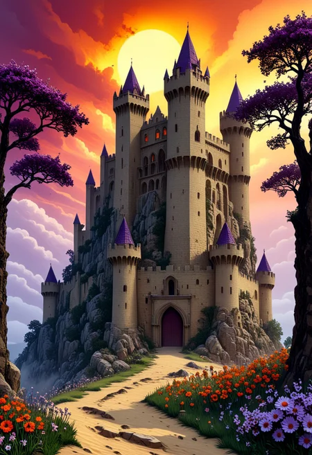 score_9, score_8_up, score_7_up, wide landscape view, fantastic HT scene, colossal medieval crusader castle. sand-colored stones with buttresses and battlements. evening fog. grass, trees, flowers, stones, sand. clouds. evening sun. sunset, (red, orange, purple sky), high contrast, stylized, clear, surreal, ultra quality, 8k, best quality, masterpiece, textural, artistic, vivid color, vivid background, midjourneyv6.1, novuschroma80 style, novuschroma82 style, Paper Quilling, Layered Paper, artchlr, inkpunk