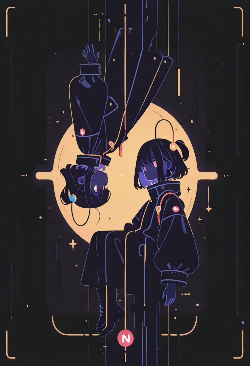 1 girl , silhouette , ((rotational symmetry)) ,
masterpiece,best quality,amazing quality,Flatline, Flat vector illustration ,haiz_ai , in the style of cknc,