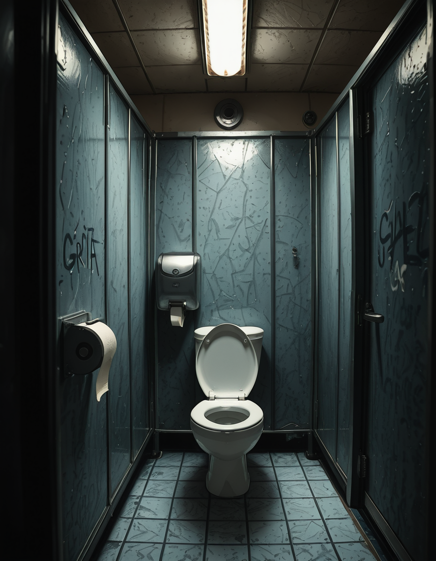A highly realistic, detailed photograph of a public restroom stall from a human eye-level perspective. The stall is constructed with dull, light gray metal partitions showing subtle scratches and wear from years of use. The door is slightly ajar, with a simple metal latch and a small gap visible at the bottom and top of the door. Inside the stall, there is a standard white ceramic toilet with a chrome flush handle, positioned against a wall of white, slightly aged subway tiles. The floor is covered with small, dark gray hexagonal tiles, with faint reflections from the overhead fluorescent lighting. A single toilet paper dispenser made of stainless steel is mounted to the side wall, partially filled, with a torn sheet hanging loosely. The lighting is cool and sterile, casting soft shadows and emphasizing the slightly utilitarian, worn-out atmosphere of the space. Subtle details like faint graffiti scratched into the partition, a discarded paper towel near the floor, and small water stains near the base of the toilet contribute to the realistic, everyday public restroom feel. The photo is sharp, with a neutral color palette and an urban documentary style.
 <lora:SDXLFaeTastic2400:0.4> <lora:extremely_detailed:0.4> extremely detailed,<lora:public_restroom_st4ll_r2:1>,public restroom st4ll, Masterpiece,best quality,hi res,8k,hi res,8k,award winning,(sharp focus, intricate, highly detailed),