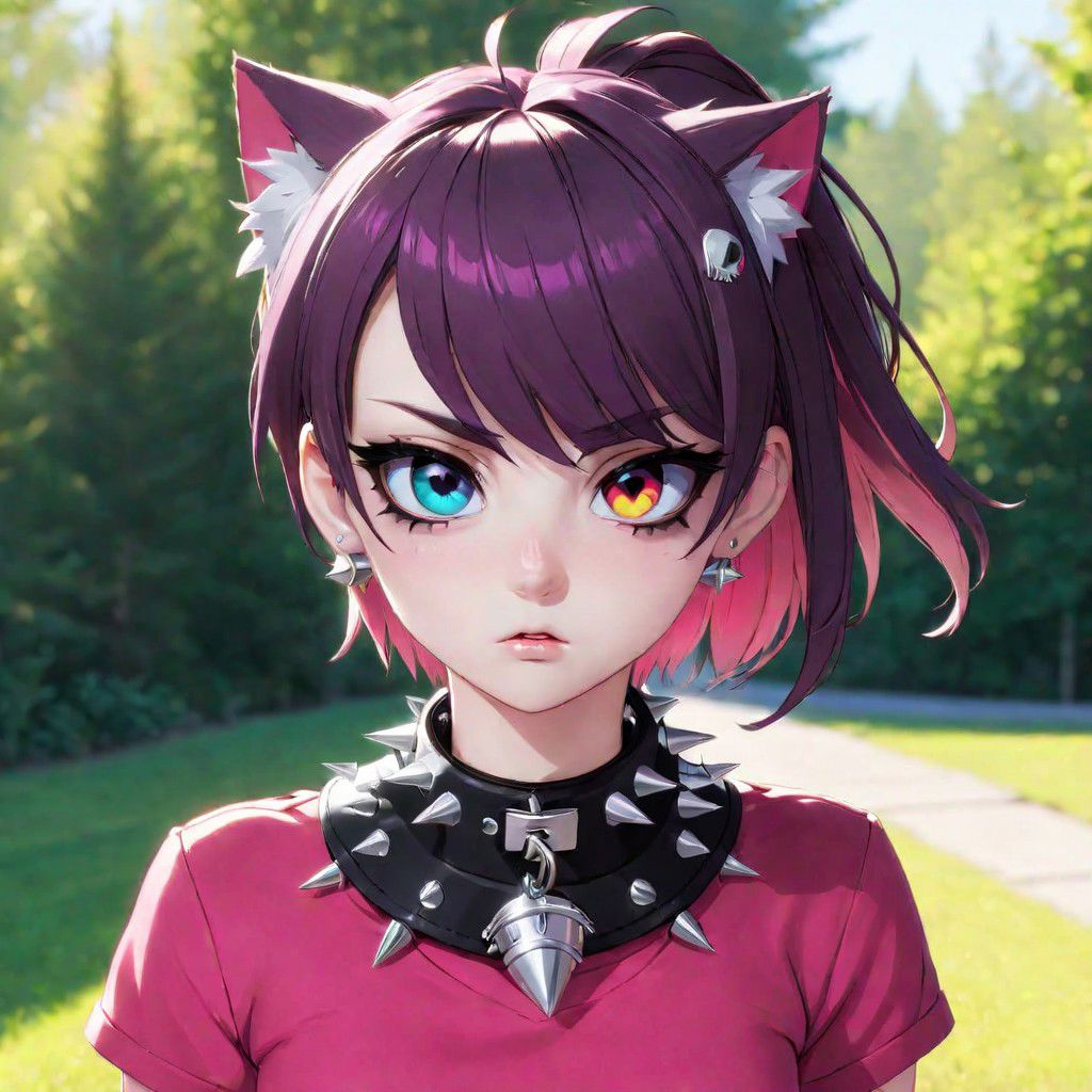totless,1girl, outfit1, spiked collar , outdoor background, heterochromia