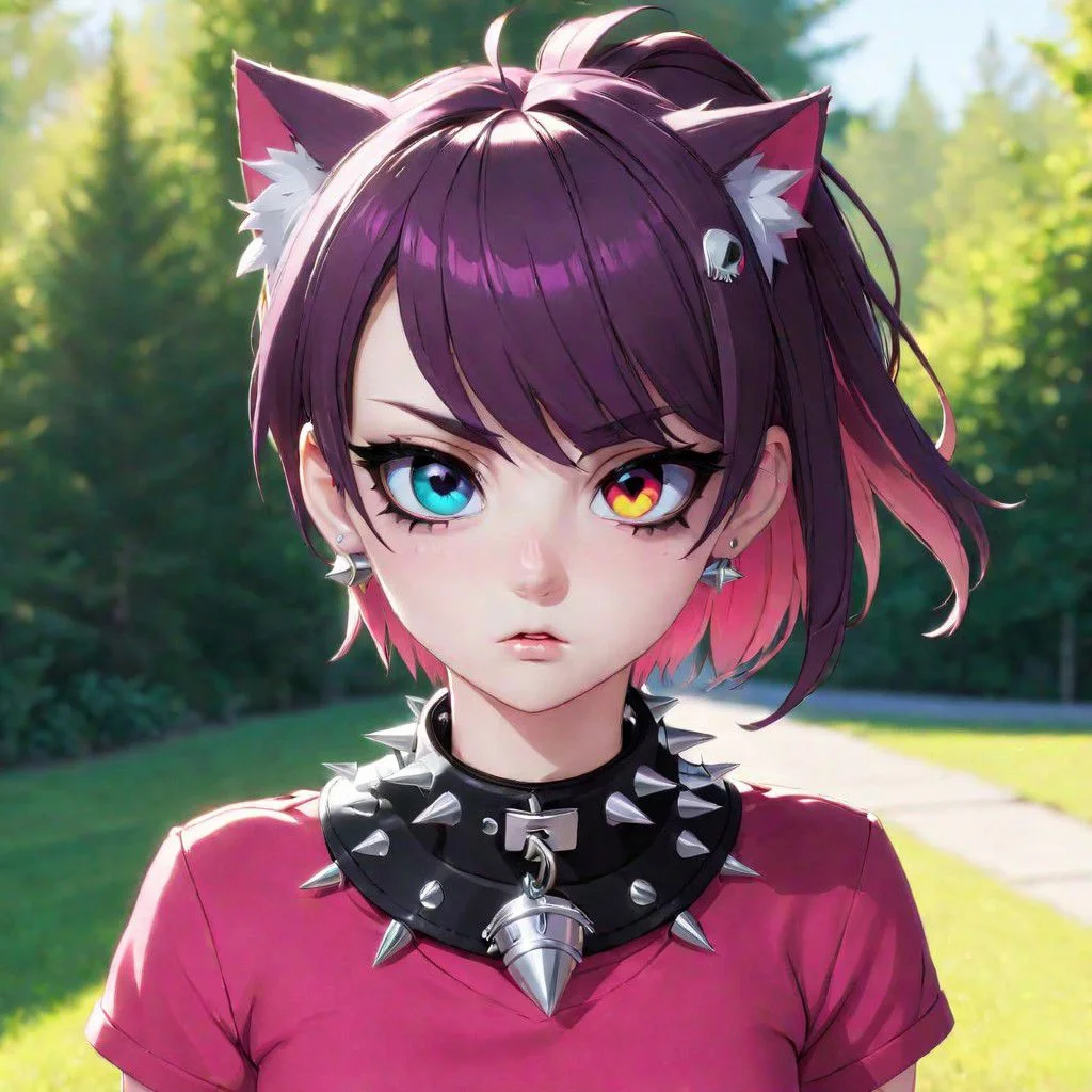 totless,1girl, outfit1, spiked collar , outdoor background, heterochromia