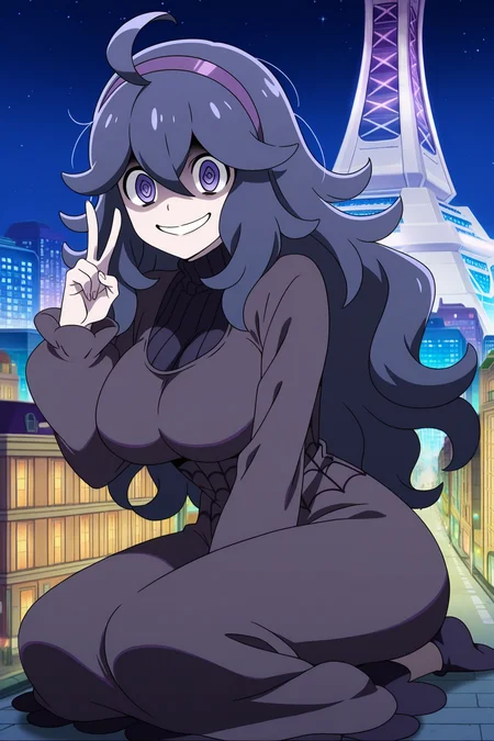 anime, animification, anime screencap, anime coloring, vivid colors, depth of field, high quality, highres, lumiose city, 1girl, hex maniac \(pokemon\), 1girl, solo, long hair, dress, breasts, purple hair, @_@, ahoge, smile, messy hair, purple eyes, large breasts, sitting, v, alternate breast size, hairband, sweater, looking at viewer, purple hairband, seiza, ribbed sweater, grin, sky, night, city lights, tower, prism tower, star \(sky\), building, scenery, city, road, street
<lora:Lumiose_city-10:1>