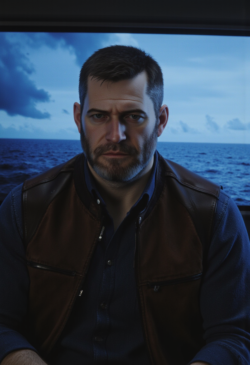 An upper-body portrait of ThomLDR, a 30-year-old mature man with a robust build, broad shoulders, thick arms, and large pectorals. He has short dark hair and a beard, wearing a brown leather vest over a dark blue long-sleeved shirt. He is facing the viewer, looking directly with an affectionate and soulful gaze, with the camera focusing sharply on his facial features. Behind him, a large LED screen serves as the backdrop, displaying a blue ocean beneath a blue, cloudy sky; the screen itself appears damaged and emits a dim, subdued light, with subtle LED pixelation effects. The image should have a shallow depth of field, a touch of film grain, and realistic lighting, creating the feel of a cinematic photograph. <lora:Thom_from_Love_Death_Robots_v1.0:1>