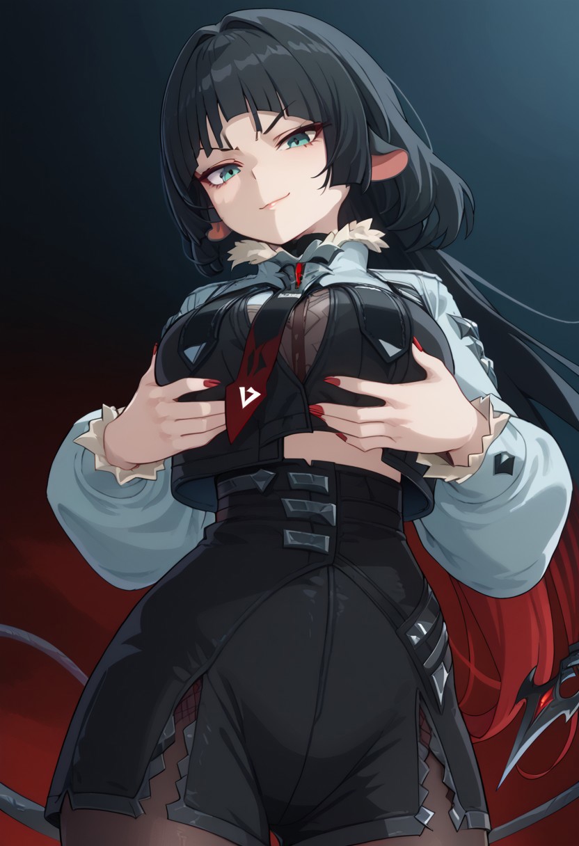 Jane Doe looking down on you, evil smirk, holding her nakes breasts,KJOjane, long hair, black hair, aqua eyes, blunt bangs, tail, mouse ears, animal ears, multicolored hair, red colored tips,