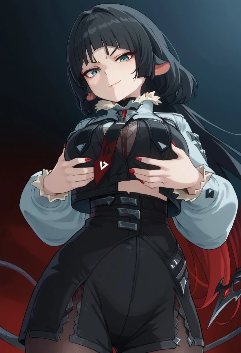 Jane Doe looking down on you, evil smirk, holding her nakes breasts,KJOjane, long hair, black hair, aqua eyes, blunt bangs, tail, mouse ears, animal ears, multicolored hair, red colored tips,