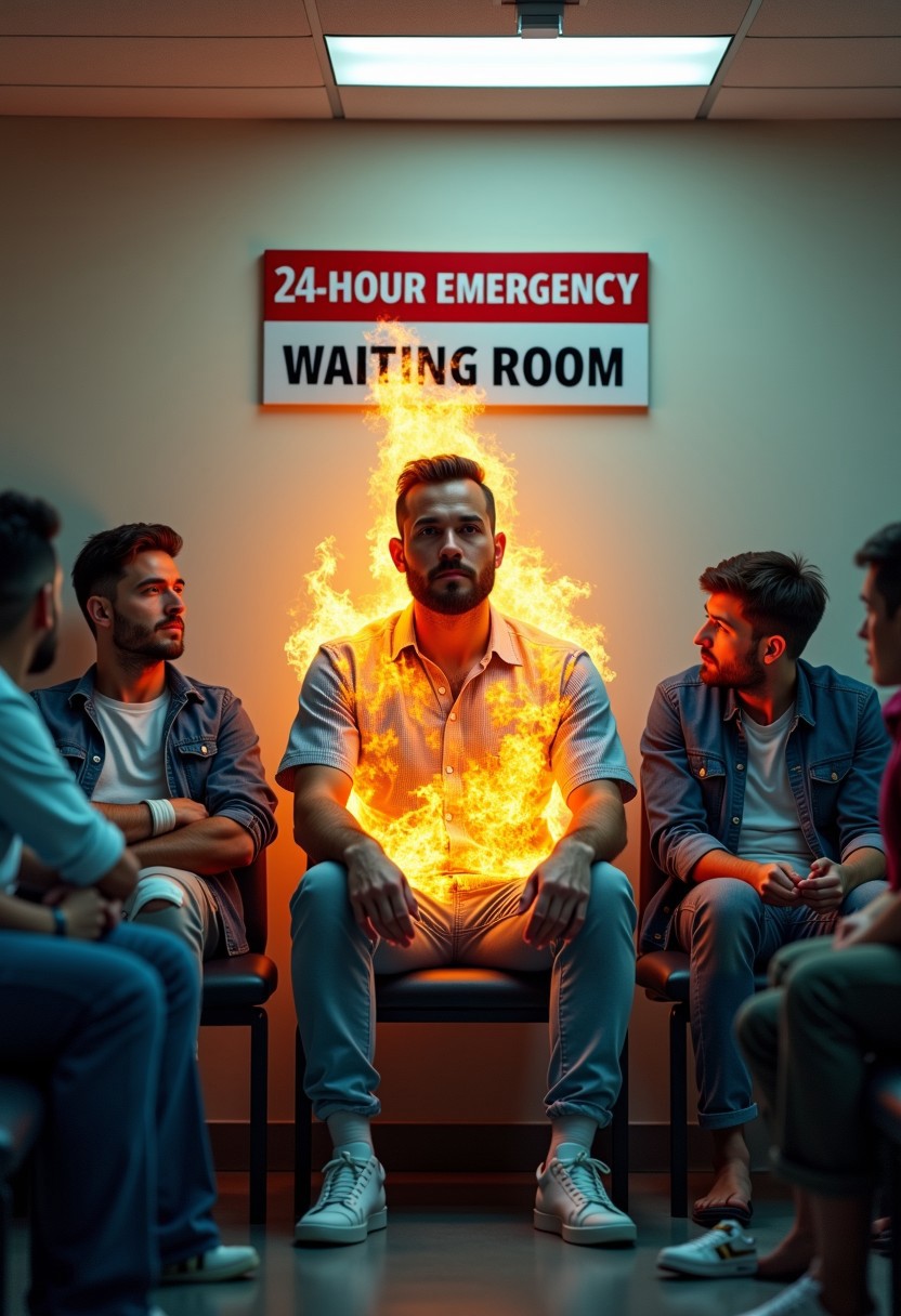 Create a hyper-realistic image of a man sitting patiently in an emergency room waiting area. A sign on the wall behind him says "24-Hour Emergency - Waiting Room". The man is on fire and engulfed in flames. He looks bored. highest-Quality, 8k, intricate details, visually stunning, Masterpiece. Other people with bandages sitting in chairs. Crowded waiting room.