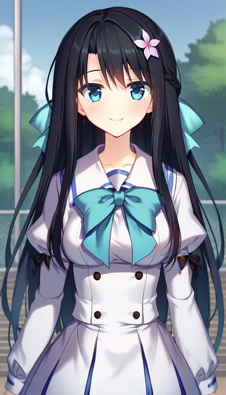 score_9,score_8_up,score_7_up,score_6_up BREAK official art,solo,outdoors,upper body,(portrait:1.5),looking at viewer,facing viewer,smile,blush,Tsugihana Misumi,very long hair,black hair,hair bow,aqua bow,hair flower,sidelocks,bangs,blue eyes,school uniform,black bowtie,white shirt,long sleeves,puffy detached sleeves,white skirt,frilled skirt,white socks,mary janes,<lora:Tsugihana Misumi(pa)-Pony:1.4>,
