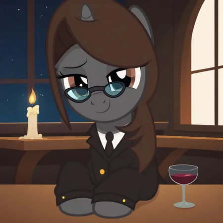 score_9, score_8_up, score_7_up, score_6_up, score_5_up, score_4_up, (oc:sonata, glasses, attorney suit, clothed), pony, (show accurate:1.3), beautiful, cute, best high quality, high res, female, sexy, smile, bedroom eyes, dining room, sitting, sitting at table, sitting in chair, facing the viewer, wine glass, candles, hoof on table, looking at you, pov, date, sad, bedroom eyes, seductive, warm smile, closed mouth, window, night, sweet dreams fuel