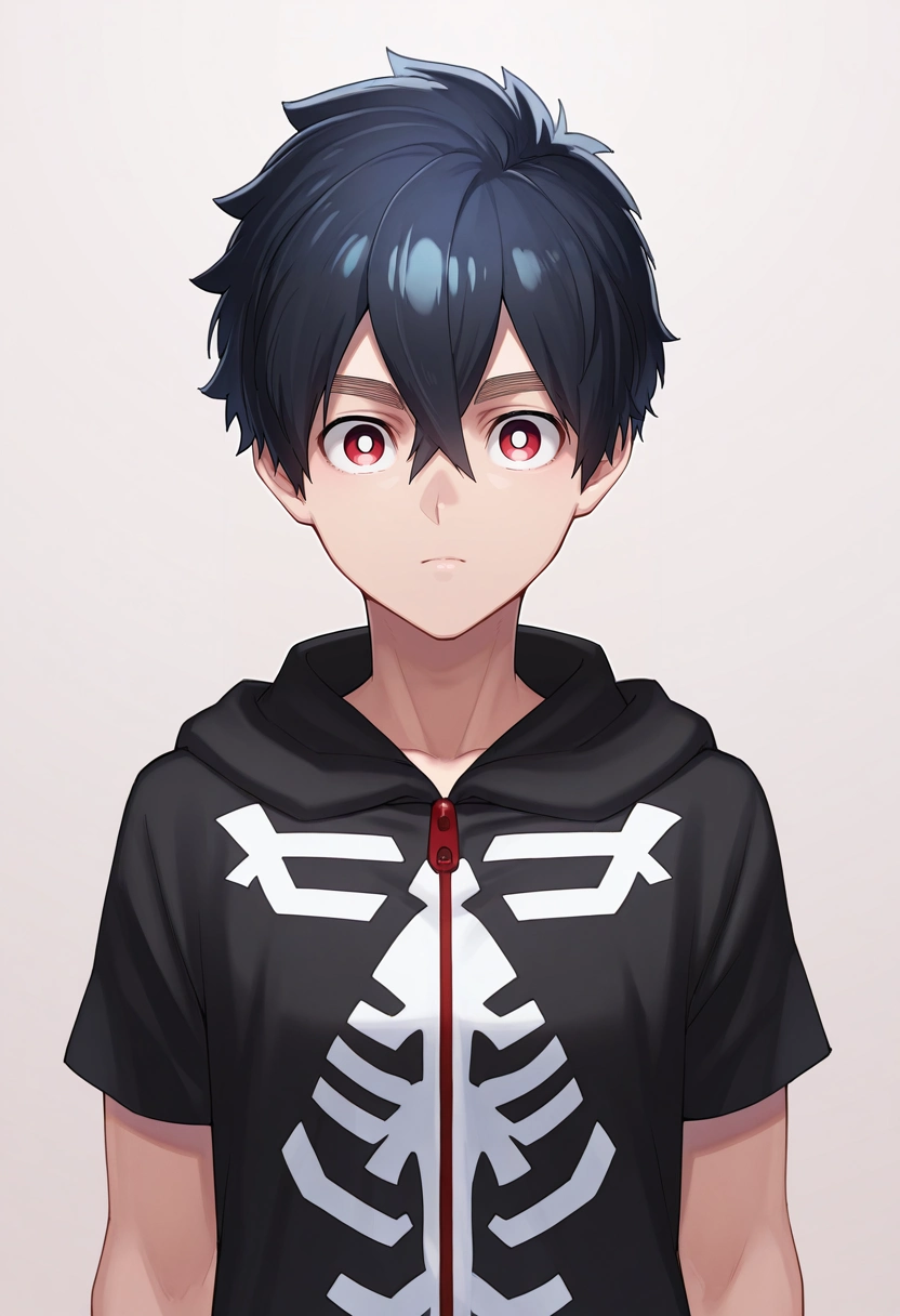 masterpiece, best quality, , (realistic:0.6), looking at viewer, 1boy, solo, male focus, <lora:kabane_kusaka_ilxl:0.9>, kabane_kusaka, black hair, red eyes, short hair, hair between eyes, kusaka kabane, hoodie, ,