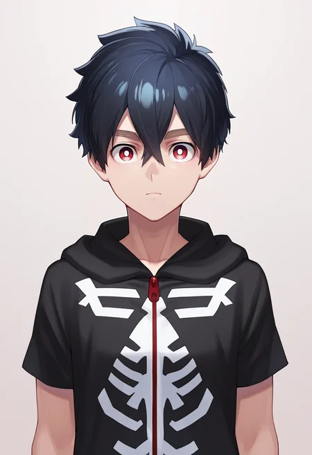 masterpiece, best quality, , (realistic:0.6), looking at viewer, 1boy, solo, male focus, <lora:kabane_kusaka_ilxl:0.9>, kabane_kusaka, black hair, red eyes, short hair, hair between eyes, kusaka kabane, hoodie, ,