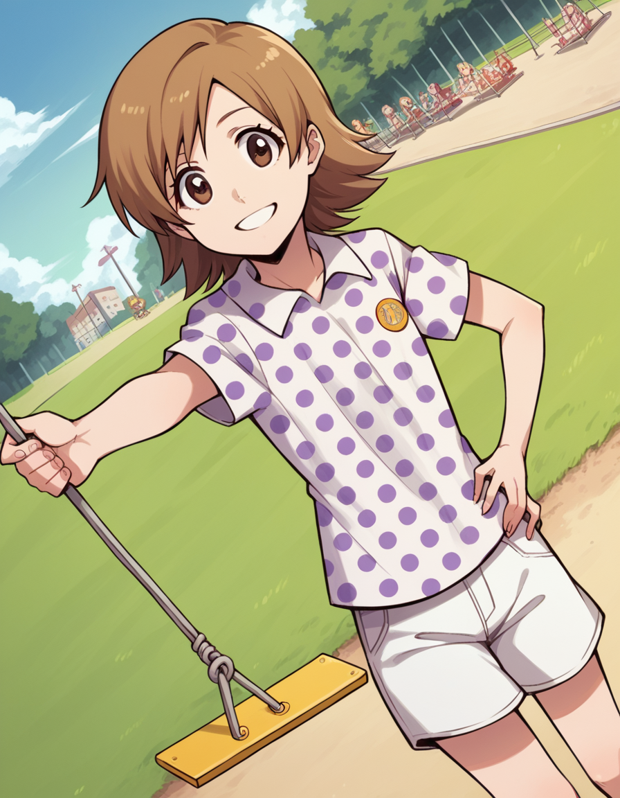 score_9, score_8_up, score_7_up, source_anime, <lora:yuzu-kurosaki-anime-ponyxl-lora-nochekaiser:1>, yuzu, short hair, brown hair, brown eyes,, shirt, short sleeves, shorts, polka dot, white shorts,, public park, playground, swing set, laughter, sunny day, smile, looking at viewer, arm outstretched, hand on hip, knee up, solo,, cowboy shot, dutch angle