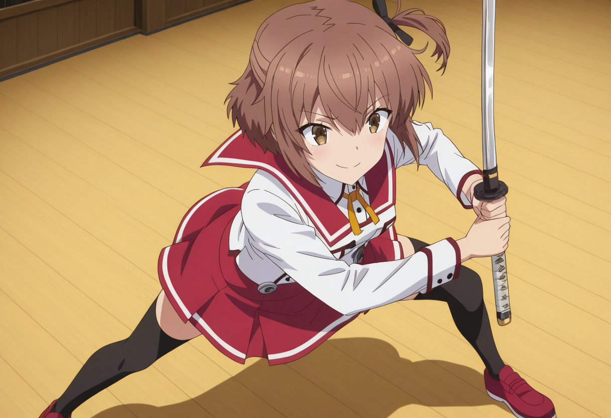 Kanami Etou, toji no miko style, 1girl, solo, brown hair, short hair, bangs, hair between eyes, hair ribbon, black ribbon, one side up, brown eyes, small breasts, school uniform, red sailor collar, neck ribbon, yellow ribbon, white shirt, red skirt, black thighhighs, red shoes, sheath, holding katana, battoujutsu stance, smile, standing
BREAK
inside dojo, daytime
BREAK
anime screencap, anime coloring, anime colored background, detailed background, detailed face, shiny skin, shiny hair, absurdes, highres, dynamic pose, masterpiece, best quality, official art, cel shaded, graphic illustration, digital painting, CGI, very detailed, amazing quality, intricate details, dynamic pose, HDR, UHD, 8K, Fineline illustration, Highly detailed, ultra-fine painting, sharp focus, Professional, Vivid Colors <lora:add-detail-xl:1> <lora:DetailedEyes_V3:1> <lora:Toji_no_miko_character_pack_Illustrious:1>