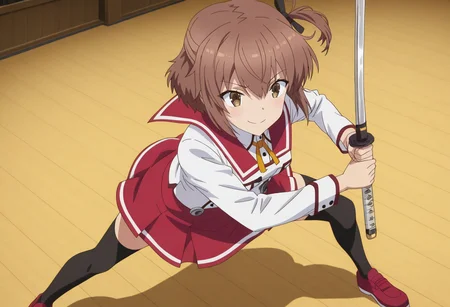 Kanami Etou, toji no miko style, 1girl, solo, brown hair, short hair, bangs, hair between eyes, hair ribbon, black ribbon, one side up, brown eyes, small breasts, school uniform, red sailor collar, neck ribbon, yellow ribbon, white shirt, red skirt, black thighhighs, red shoes, sheath, holding katana, battoujutsu stance, smile, standing
BREAK
inside dojo, daytime
BREAK
anime screencap, anime coloring, anime colored background, detailed background, detailed face, shiny skin, shiny hair, absurdes, highres, dynamic pose, masterpiece, best quality, official art, cel shaded, graphic illustration, digital painting, CGI, very detailed, amazing quality, intricate details, dynamic pose, HDR, UHD, 8K, Fineline illustration, Highly detailed, ultra-fine painting, sharp focus, Professional, Vivid Colors <lora:add-detail-xl:1> <lora:DetailedEyes_V3:1> <lora:Toji_no_miko_character_pack_Illustrious:1>