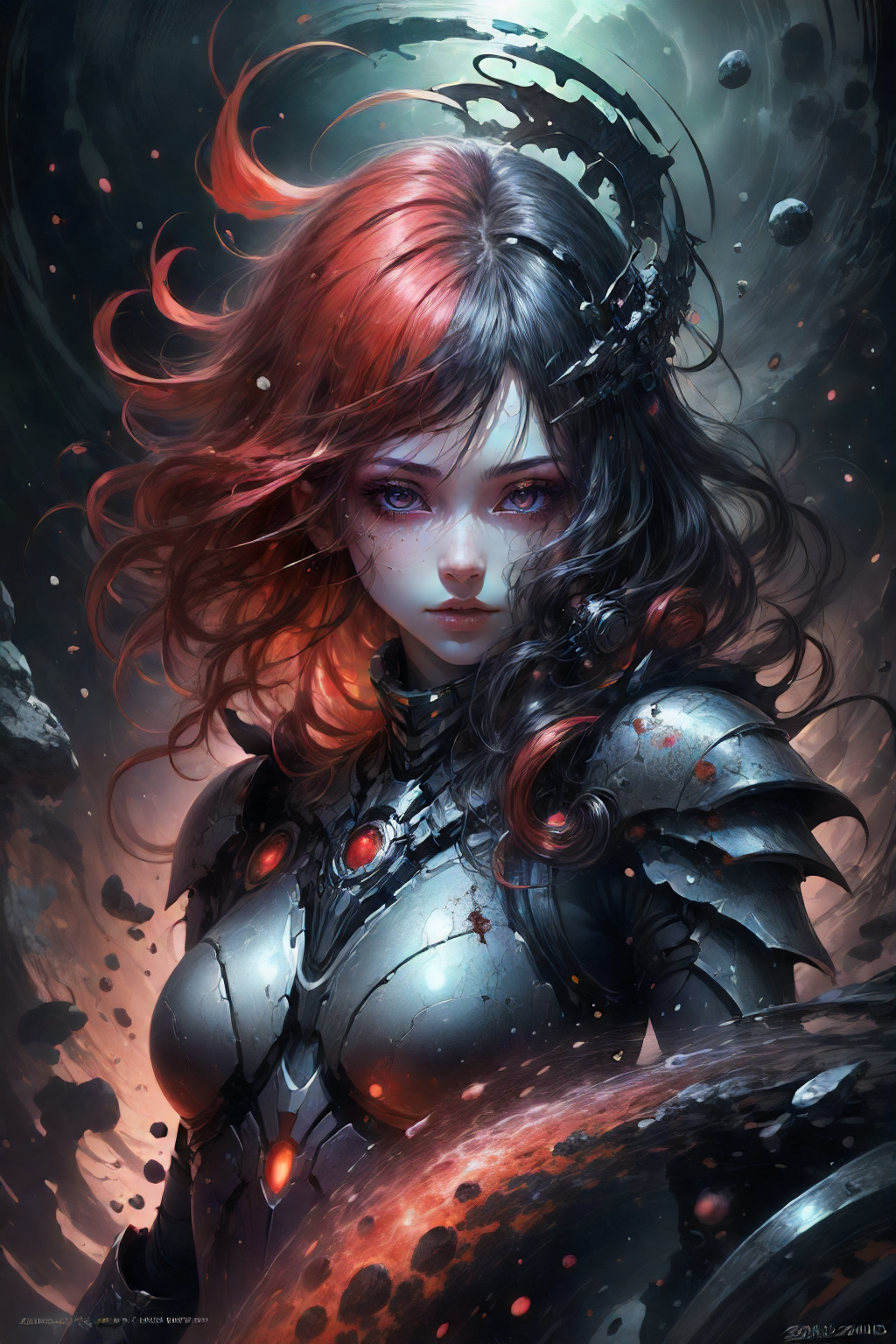 Girl, fantasy, dark atmosphere,  best quality,  detailed face,  dynamic posing, black halo,  <lora:add_detail:1>, full armor, black hole, low key, red hair,  blood, hyperrealism,  <lora:Hellasthetic v2:0.7>, cosmic, full body, zooming out,