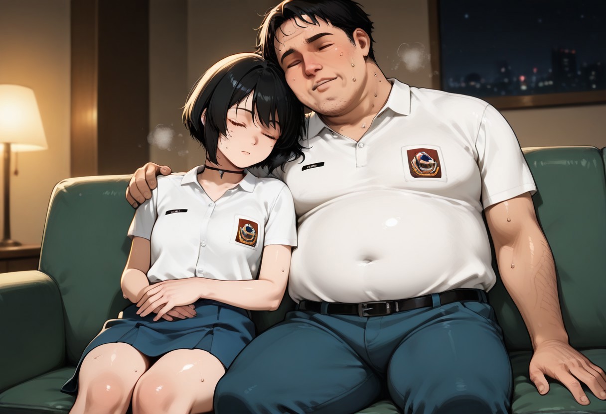 score_9, score_8_up, score_7_up, source_anime, masterpiece, high quality, best quality, highly detailed, insanely detailed, very aesthetic, absurdres, 1girl, 1guy, hetero, indoors, living room, sofa, at night, hot temperature, sultry room, depth of field, fallen asleep, wholesome,
BREAK, 
 1GIRL, LindawaifuIL, black hair, short hair, bob cut, brown eyes, choker, white shirt, collared shirt, emblem, short sleeves, blue skirt, (shiny skin, sweat), five fingers, sleeping, light smile, exhausted, tired, swelter, feeling hot, very sweaty skin, dripping sweat, sweating, steaming body, hugging, sitting on sofa,
BREAK, 
 1GUY, random guy, fat man, ugly man, white shirt, collared shirt, emblem, short sleeves, blue pants, sleeping, arm around another, sitting beside girl,
