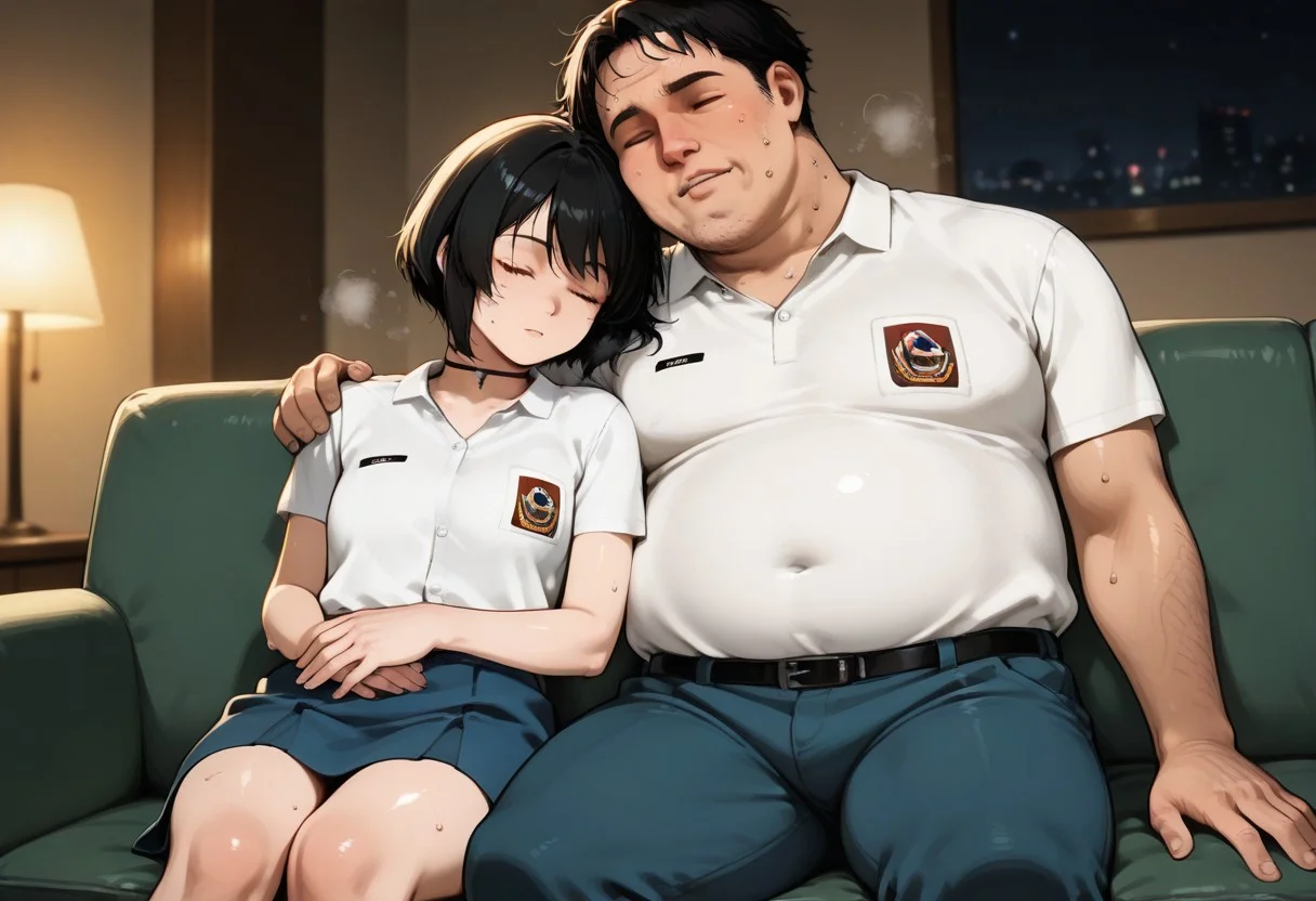 score_9, score_8_up, score_7_up, source_anime, masterpiece, high quality, best quality, highly detailed, insanely detailed, very aesthetic, absurdres, 1girl, 1guy, hetero, indoors, living room, sofa, at night, hot temperature, sultry room, depth of field, fallen asleep, wholesome,
BREAK,
1GIRL, LindawaifuIL, black hair, short hair, bob cut, brown eyes, choker, white shirt, collared shirt, emblem, short sleeves, blue skirt, (shiny skin, sweat), five fingers, sleeping, light smile, exhausted, tired, swelter, feeling hot, very sweaty skin, dripping sweat, sweating, steaming body, hugging, sitting on sofa,
BREAK,
1GUY, random guy, fat man, ugly man, white shirt, collared shirt, emblem, short sleeves, blue pants, sleeping, arm around another, sitting beside girl,