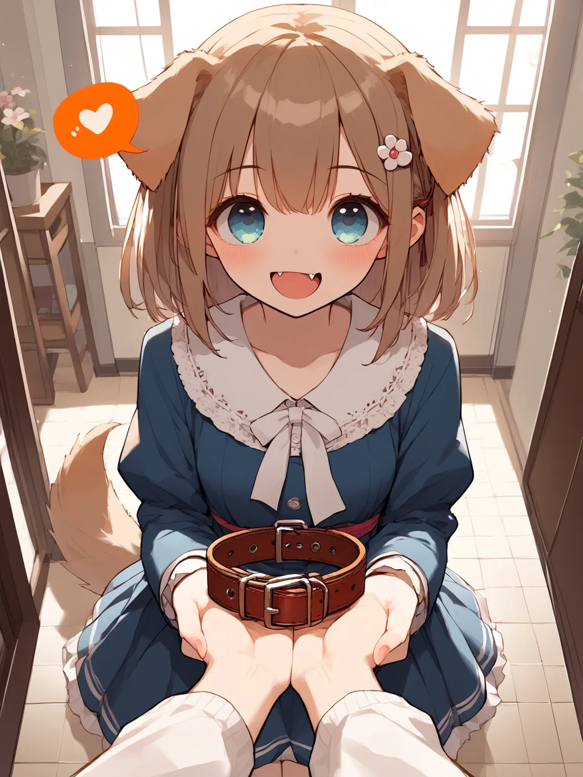 1girl, 
(collar on her palms), collar, holding,
(pov), (dog ear),(dog droopy eyes), (dog tail), (brown hair), (flower hairpin),(fang), blouse, skirt, (spoken question:1.5), smile, (happy), kind, looking up, 
wariza on floor, in room, score_9, score_8_up, score_7_up, source_anime, rating_explicit, best quality, masterpiece, uncensored
<lora:collar4u-v3-pony-000010:1>