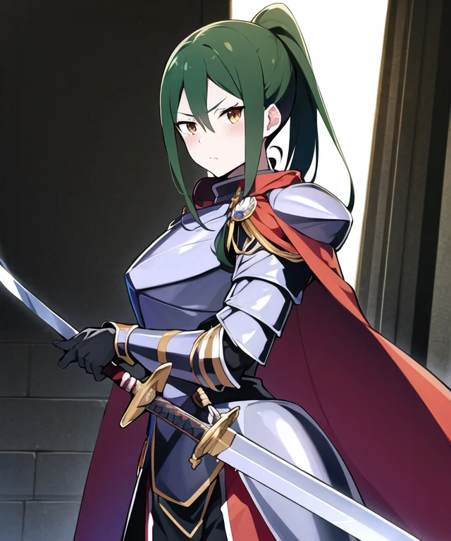 <lora:Crusch_Karsten:1>, CruschKarsten, knight_armor, orange_eyes, ponytail, holding, weapon, sword, cape