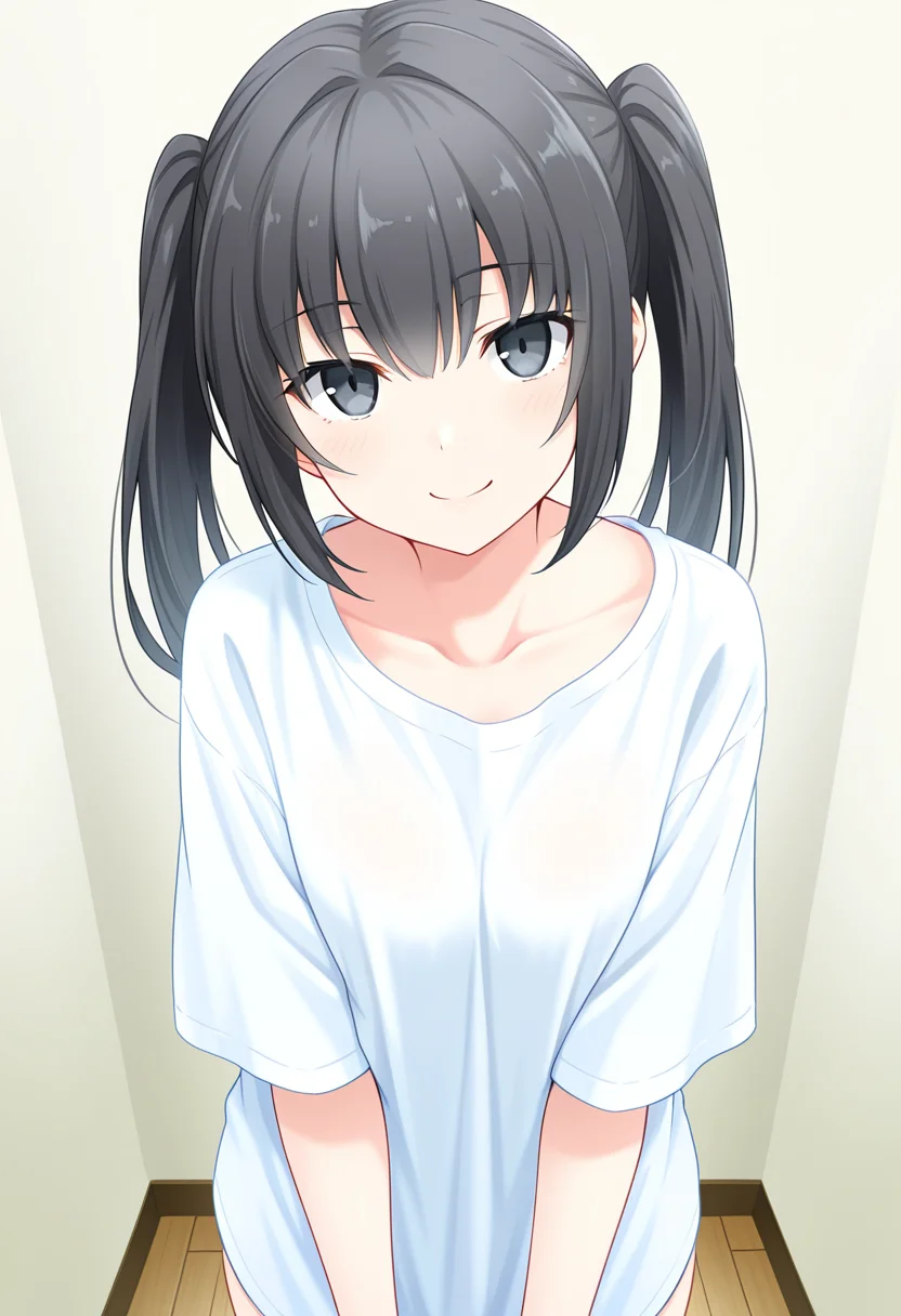 1girl, oregairumiagup, black hair, long hair, twintails, black eyes, oversized shirt, looking at viewer, smile, cute, <lora:RumiHighSchool_ill_v2:1>, masterpiece, best quality, high quality, detailed, absurdres