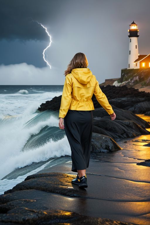 a close up photo, woman, eye contact, (walking on the rocks:1.2) on a dark (stormy night:1.2) wearing a yellow raincoat, (waves crashing:1.2), (storm:1.2), (wind swept:1.2), lighthouse, (nighttime:1.2),  (ocean spray:1.2), (lighthouse:1.1), bokeh, detailed face