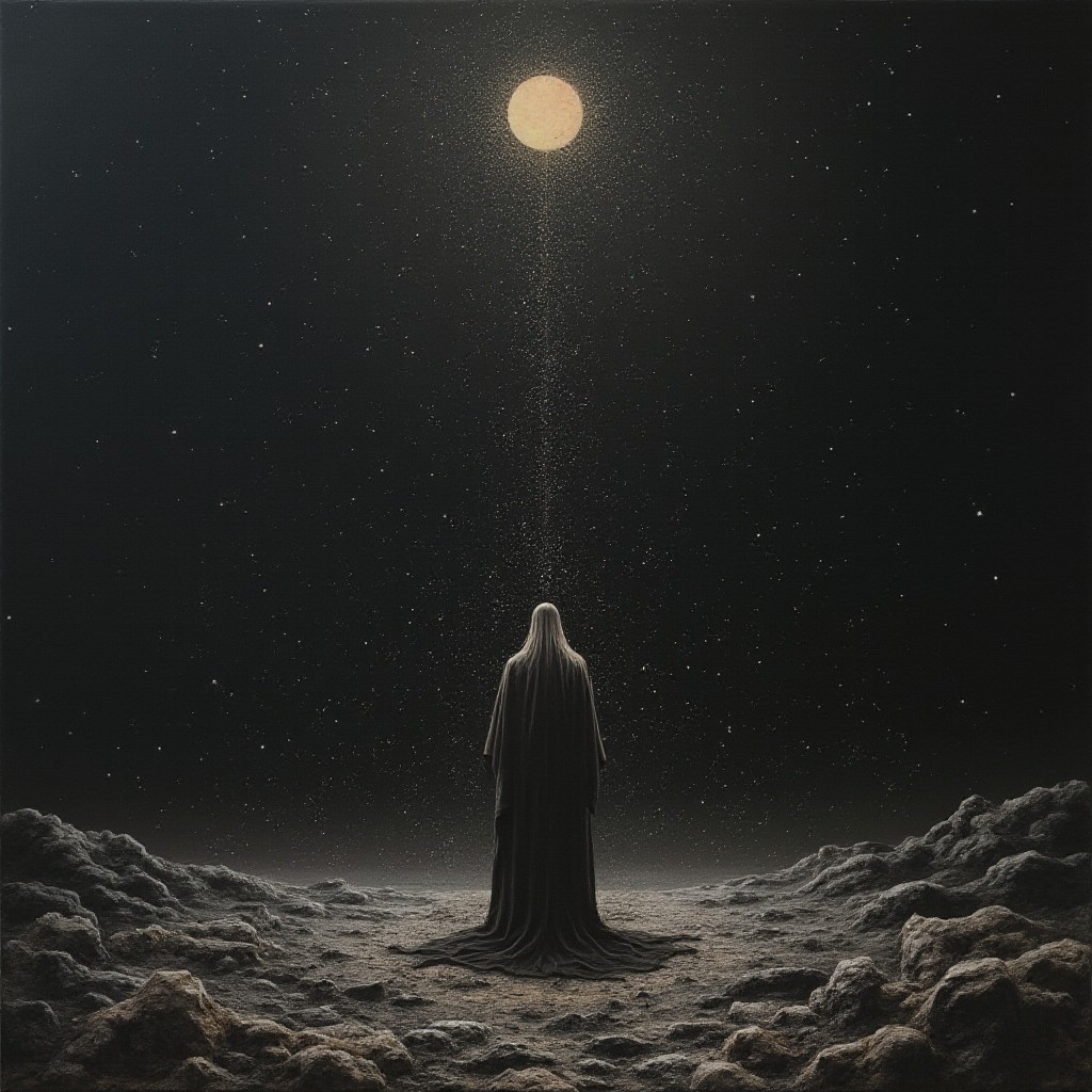 Surrealist painting. It was as if I stood at the end of the world, the end of the universe, the end of everything. But far, far out from where I stood, something hovered on a mount of sheerest black - a blackness itself, but edged and tempered with barely perceptible flashes of light. I could not guess at its size, for distance, depth, perspective, were absent here. A single edifice? A group? A city? Or simply a place? The outline varied each time that it fell upon my retina. Now faint and misty sheets drifted slowly between us, twisting, as if long strands of gauze were buoyed by heated air. The mandala ceased its turning when it had exactly reversed itself.