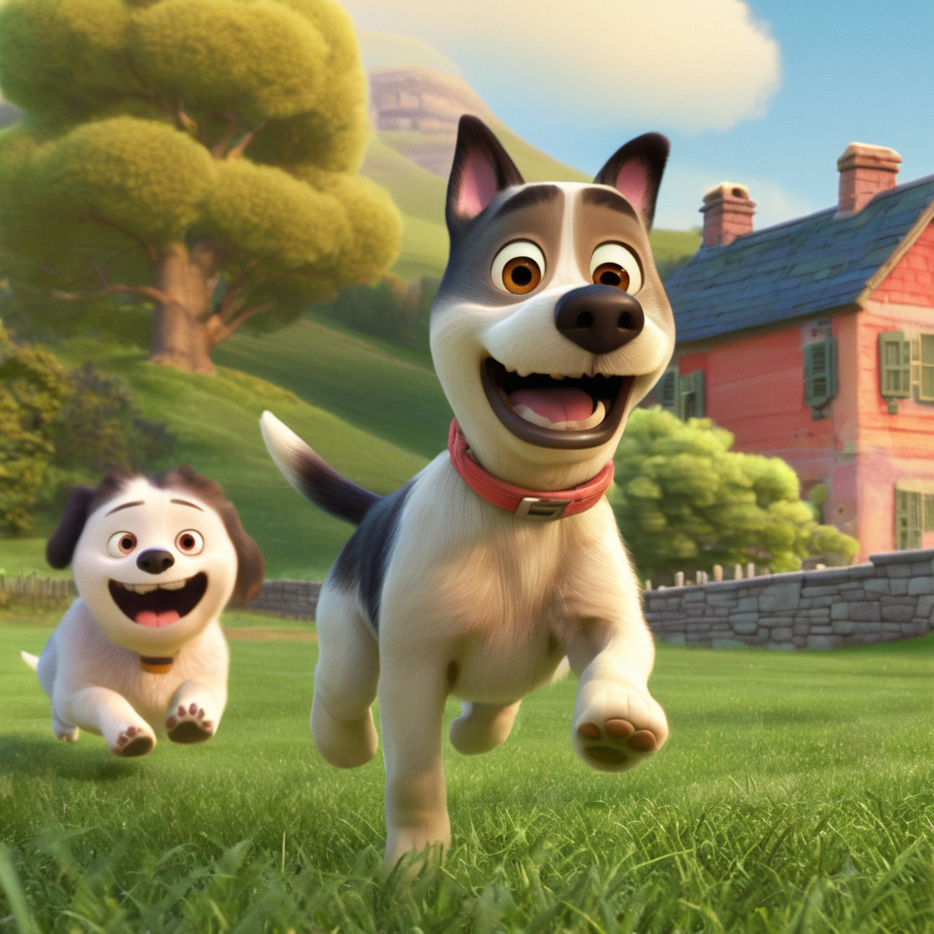 pixar style, happy dog running in the grass, quaint house in the background <lora:PixarXL-000003:1>