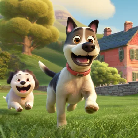 pixar style, happy dog running in the grass, quaint house in the background <lora:PixarXL-000003:1>