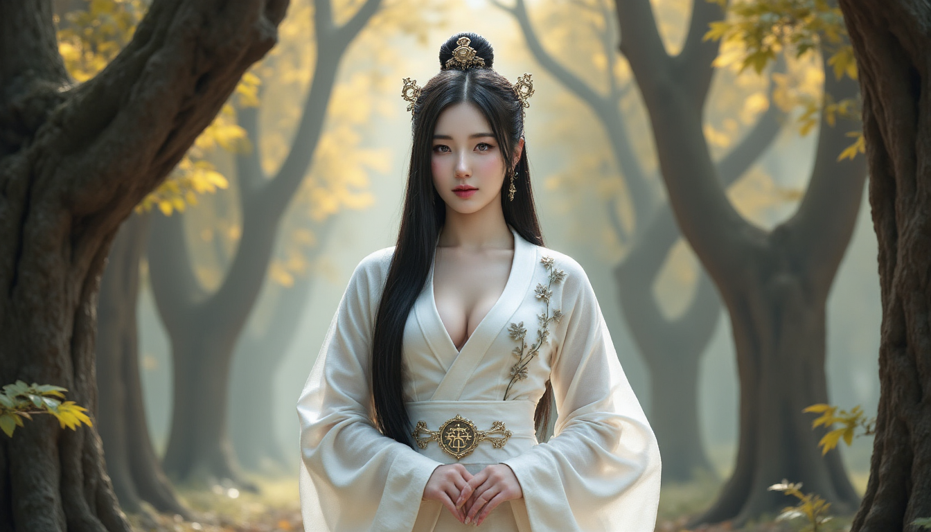 A serene Korean woman embodying a high priestess from the 15th century, adorned in flowing, intricately embroidered white ritual garments that feature delicate floral motifs. Her long, dark hair is elegantly styled, accentuating her graceful features, while a subtle yet ornate headpiece glistens with traditional symbols. She stands in an ethereal, misty grove surrounded by ancient trees, their leaves rustling softly in a gentle breeze. The atmosphere is charged with a sense of sacredness and tranquility, as soft beams of golden sunlight filter through the foliage, creating a contrast between light and shadow. The colors in the scene are muted and earthy, enhancing the spiritual tranquility of the moment. The artistic style reflects a hyper-realistic approach, capturing every detail of the woman's expression and the enchanting surroundings, evoking a sense of reverence and timelessness.,<lora:RM_Artistify_v1.0M:0.3>,,<lora:atomixFLUXUnet_v10:0.7>,