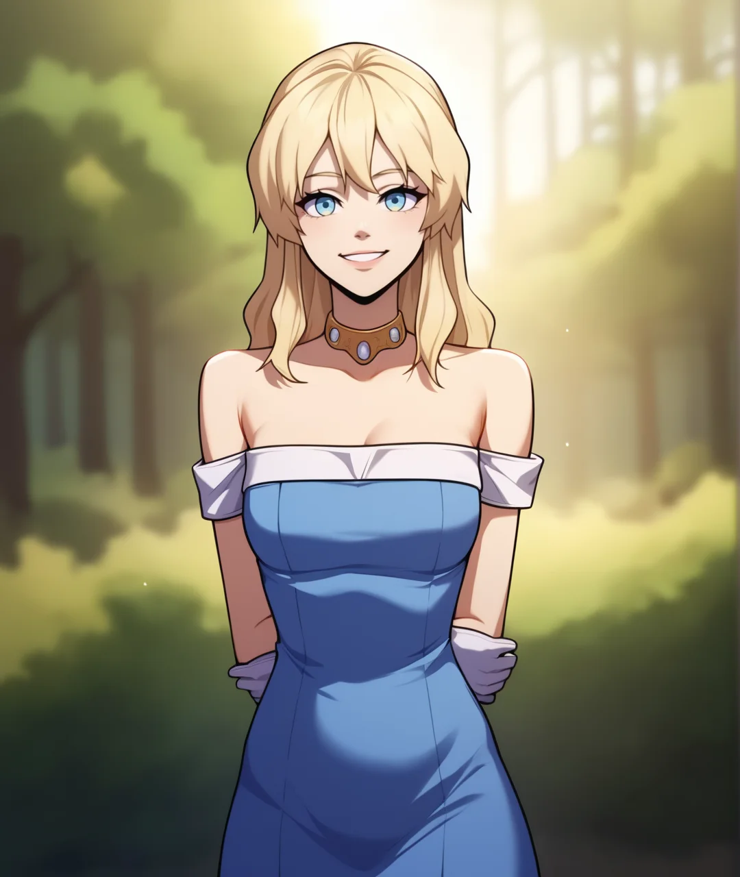 score_9, score_8_up, score_7_up, score_6_up, source_anime,
BREAK
chloe, blonde hair, gloves, long hair, 1girl, outdoors,forest, seductive smile, looking at viewer, bare shoulders, dress, blue eyes, solo, jewelry, holding, white gloves, collar, blue dress, arms behind back, necklace
<lora:chloe-pdxl-fandingo:0.7>