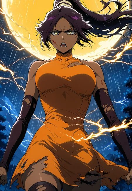 score_9, score_8_up, score_7_up, source_anime, yoruichi shihouin, long hair, black hair, ponytail, dark skin, dark-skinned female, high ponytail, yellow eyes, high ponytail, yellow eyes, BREAK
dress, orange dress, thighhighs, black thighhighs, detached sleeves, zettai ryouiki, arms forward
night day, rain, yellow light, under the tree, mountains, yellow sky, solar eclipse, perfect shadows, face close up 16k, masterpiece, absurdes, highly detailed, highres, high quality, best quality, volumetric lighting, UHD, (thick breasts, medium breasts), skin texture, skin detail, high quality skin, highly detailed face, she shouts, open mouth, come hither, serious face, Expressiveh,
thunder, flash, storm, wind, fighting pose,lightning, torn clothes, wound, bloodstained, serious wounds, burns, fire and flames everywhere, worm's eye view