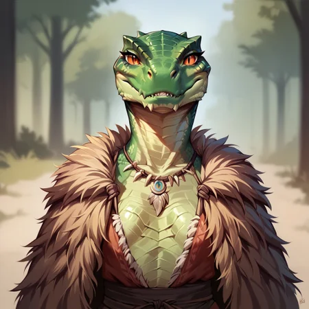 (((detailed, beautiful, high quality))), score_9, score_8_up, score_7_up, upper body,
lizardfolk, anthro lizard, slit pupil, scales, tail,
1 girl, green scales, pale belly, orange eyes, flat chest, tribal clothes, chest band, necklace of teeth, brown fur cape,
looking at the viewer, posing,
blurred background, fantasy background,