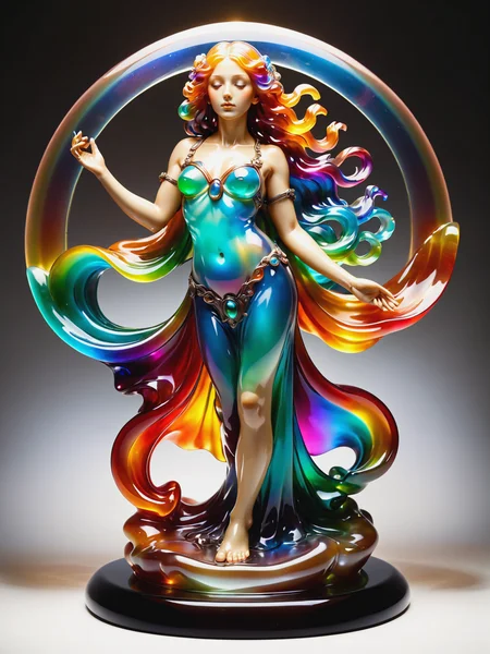 statue of a woman in the style of alphonse_mucha, rainbow colors, floating hair, spotlight, <lora:JellyStyle:0.8>, (masterpiece:1.2), best quality
