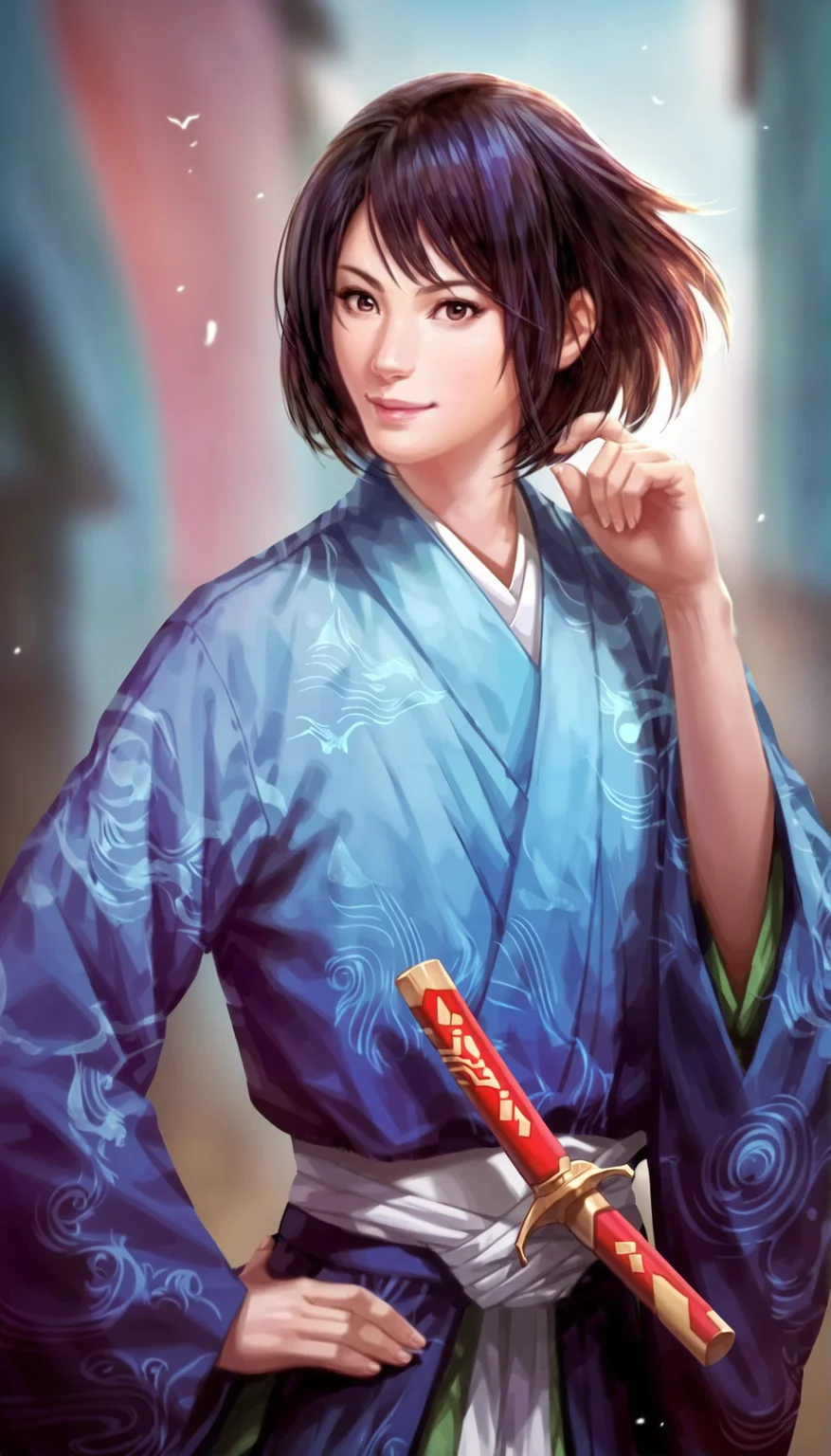 score_9,score_8_up,score_7_up,
<lora:naotoraIi:1>,naotora ii,
1girl,solo,black hair,short hair,bangs,brown eyes,looking at viewer,smile,blue kimono,black ribbon,white sash,hanging a wakizashi on sash,upper body,adjusting hair,left hand on hip,
simple background,
blurry background,