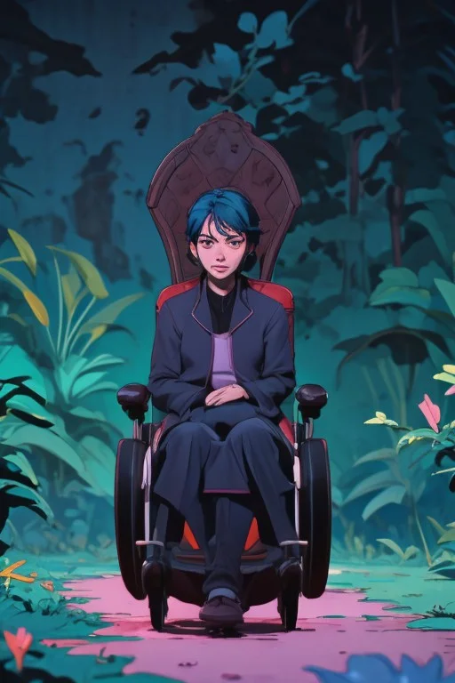 wheelchair in a vibrant garden, sadness, lonely atmosphere