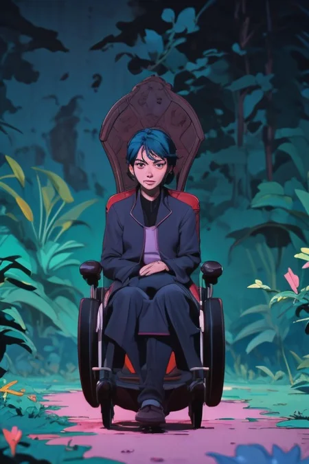 wheelchair in a vibrant garden, sadness, lonely atmosphere