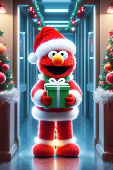 masterpiece, hyperpop, chirstmas, portrait of a elmo receiving a gift and Frowning, (corridor)
GlitchCore, decora, Glowwave, kei, Sparklecore, kawaii maximalism, 
full body, inside lab, award winning photography, perfect composition, RAW photo, subject, 8k uhd, dslr, soft lighting, high quality, film grain  <lora:Instant_Christmas_Red_Team_LoRA_:0.8>