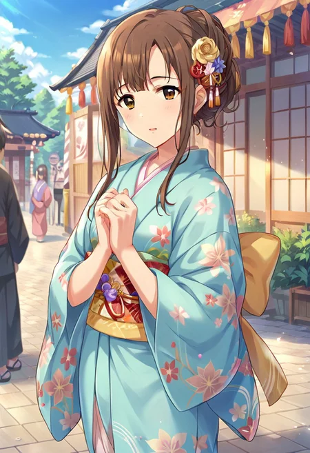 score_9, score_8_up, score_7_up, source_anime,mizumoto yukari, brown hair, brown eyes, 1girl, japanese clothes, kimono, outdoors, sakura festival