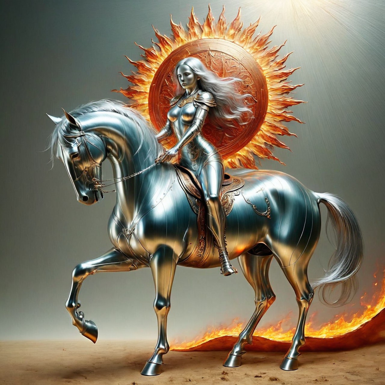 fantasy cs-m3tal-ok_v06-1000, a coloured line drawing of a mature Mexican Tarot The Sun, fire elemental riding a pale horse. Their bodies have networks of fine (silver:0.33) lines. Intricate, very detailed
