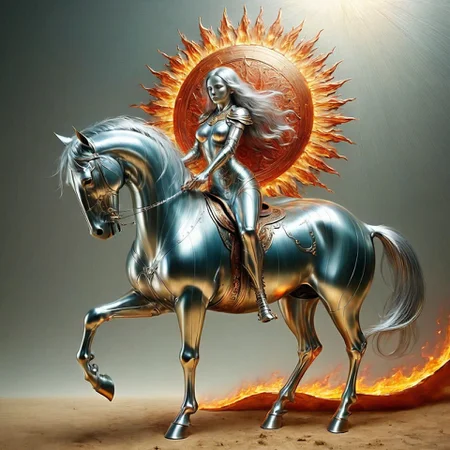 fantasy cs-m3tal-ok_v06-1000, a coloured line drawing of a mature Mexican Tarot The Sun, fire elemental riding a pale horse. Their bodies have networks of fine (silver:0.33) lines. Intricate, very detailed