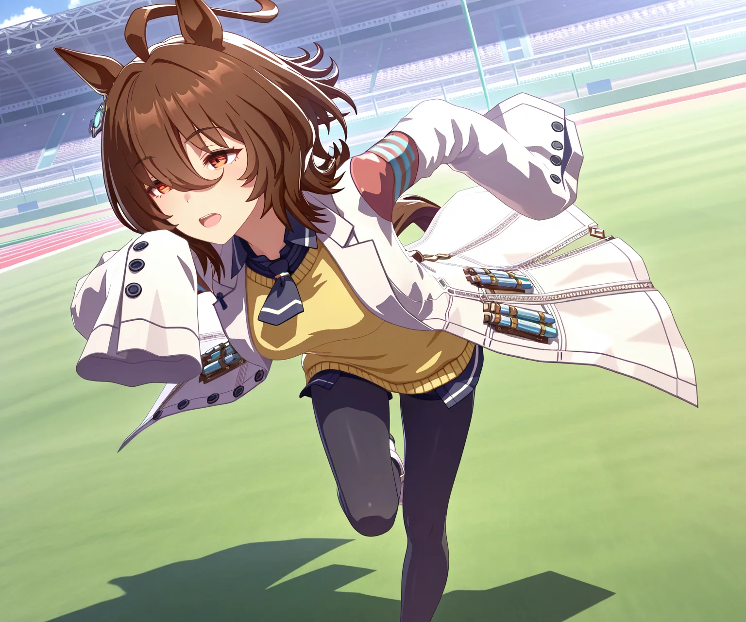 masterpiece, best quality, amazing quality, , 1girl, solo, trecen racetrack, running, <lora:Agnes Tachyon in game 3D style ILL-v2:1> ummsmingame, 3d, agnes tachyon \(umamusume\), sleeves past fingers